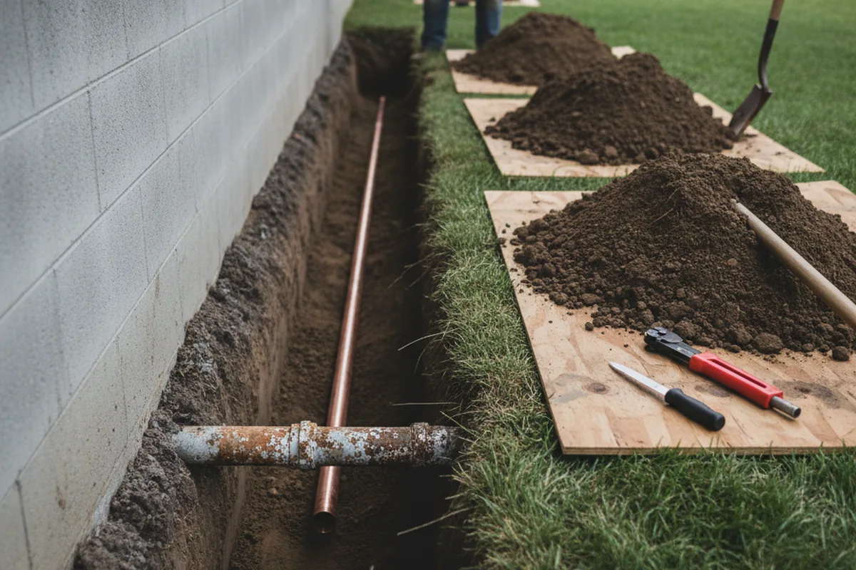 Excavated water line trench during Water Softener Installation in Rural Hall